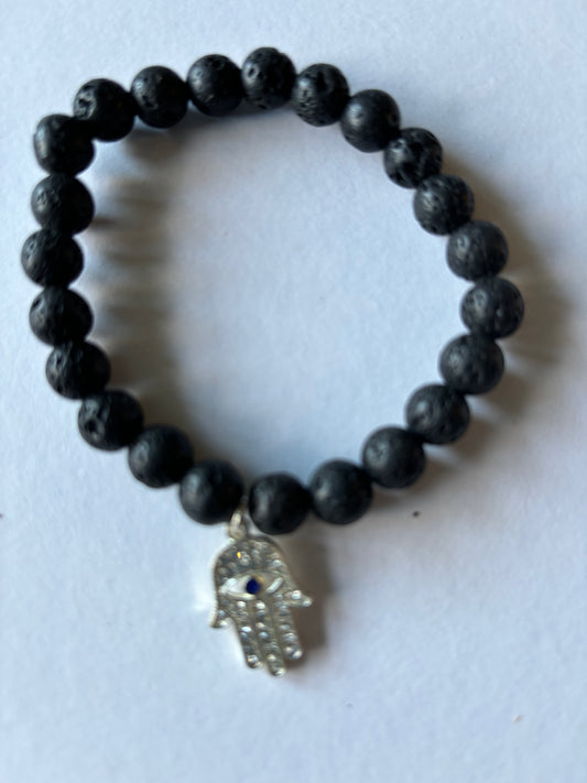 8 MM Lava Bead Stretch Bracelet with Hamsa