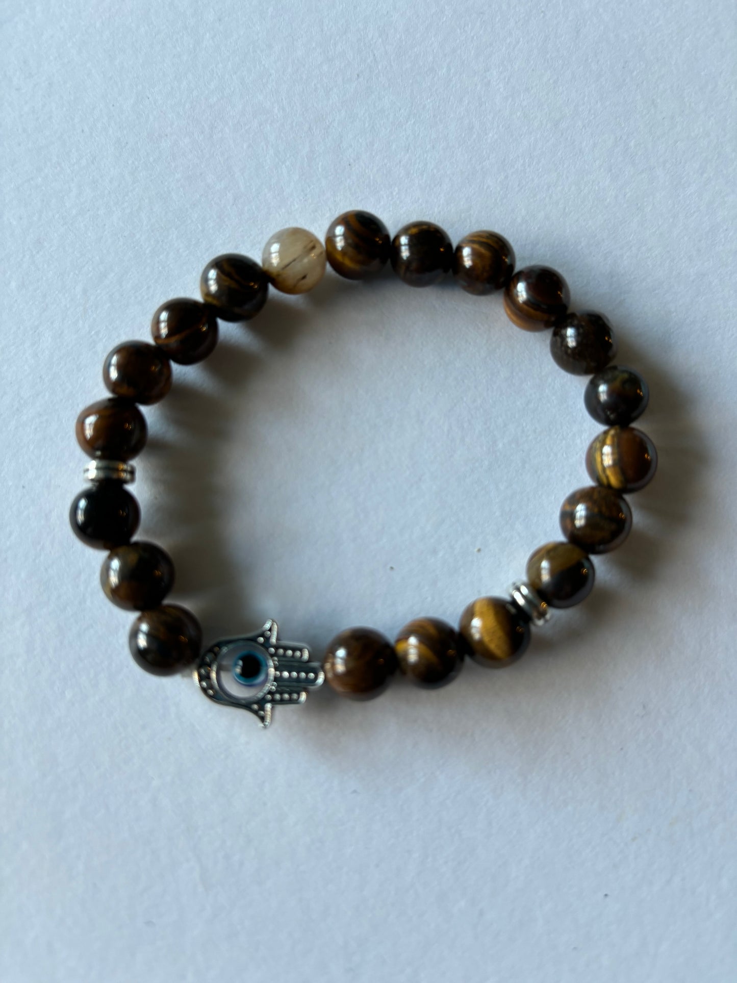 8 MM Tiger's Eye Stretch Bracelet with an Evil Eye Hamsa