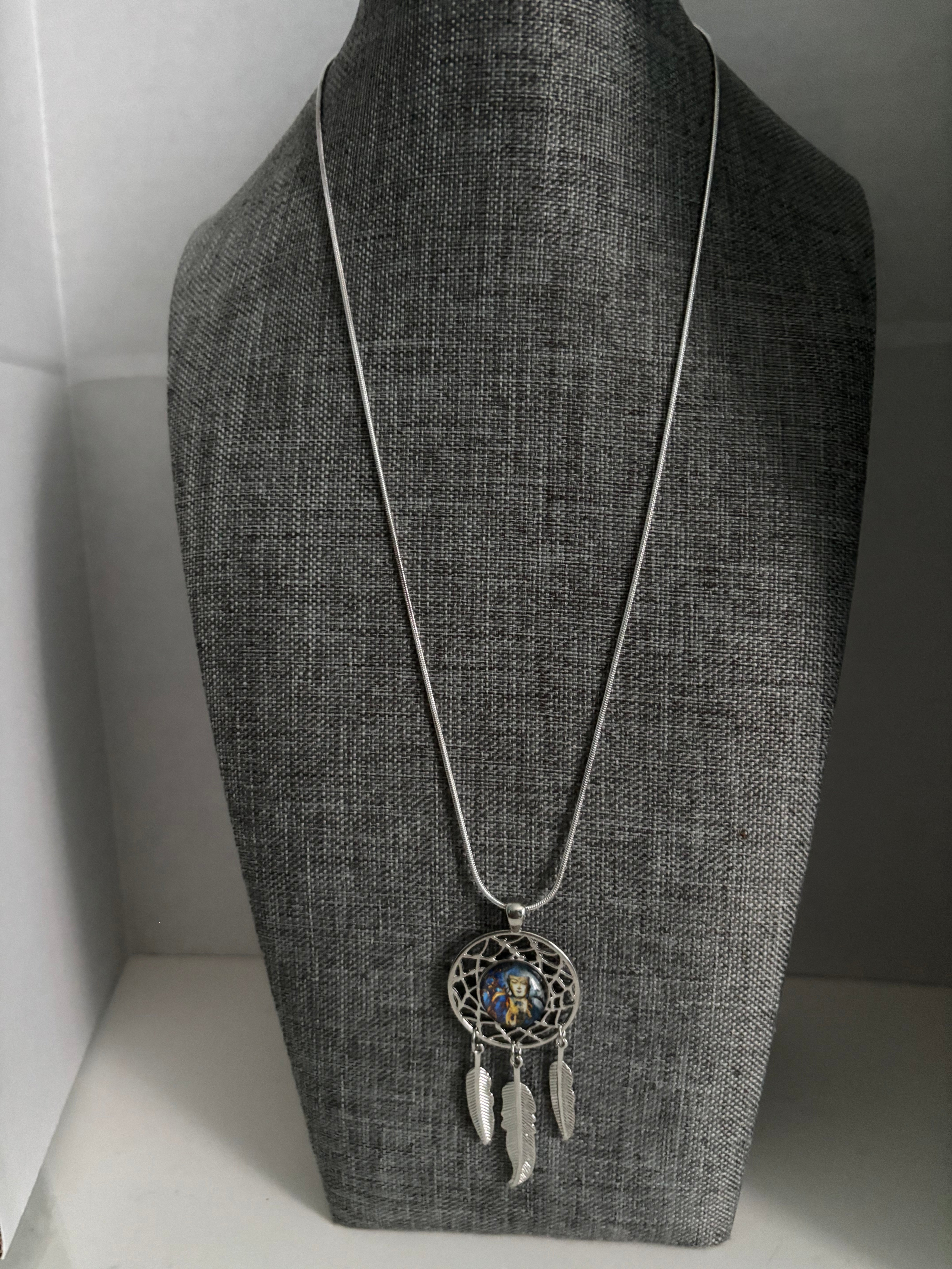 Mystic Warrior Dreamcatcher Necklace with Silver Feathers and Enchanted Art Center