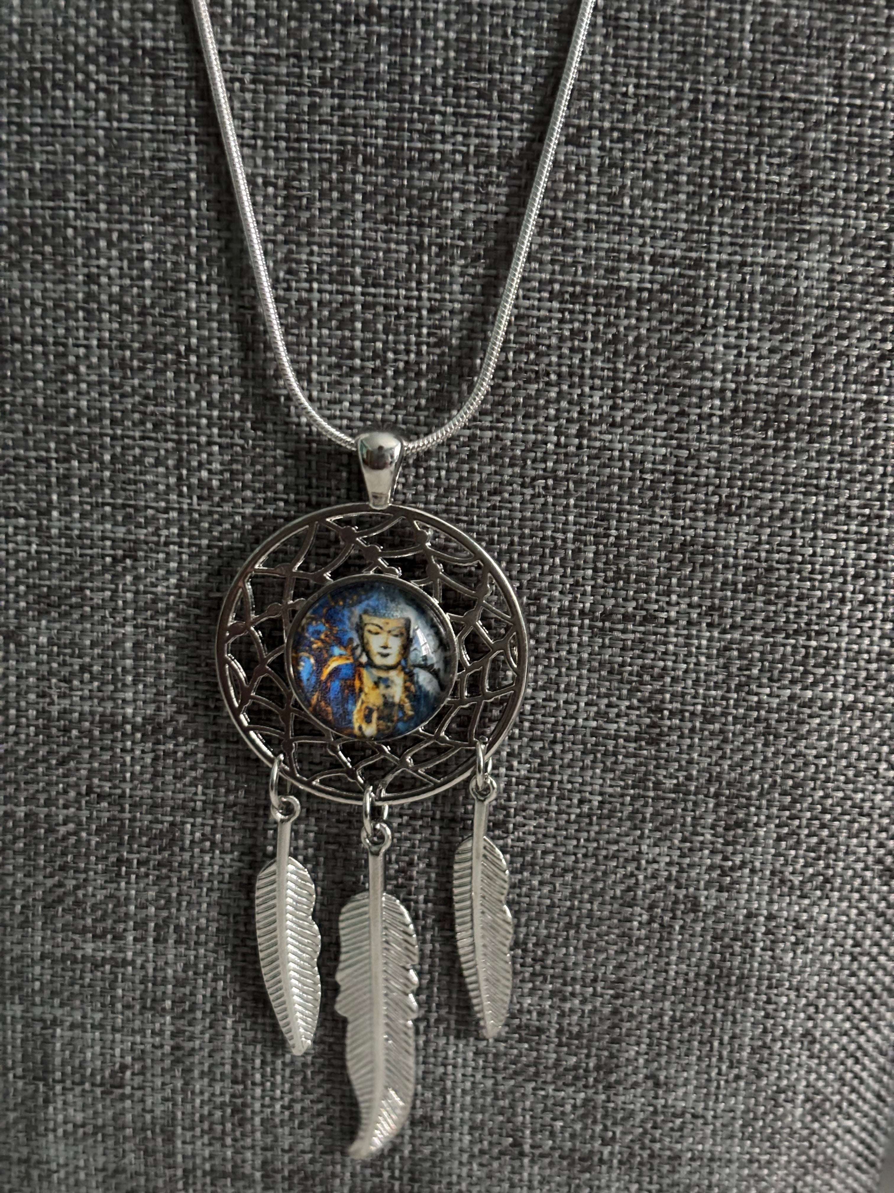 Mystic Warrior Dreamcatcher Necklace with Silver Feathers and Enchanted Art Center