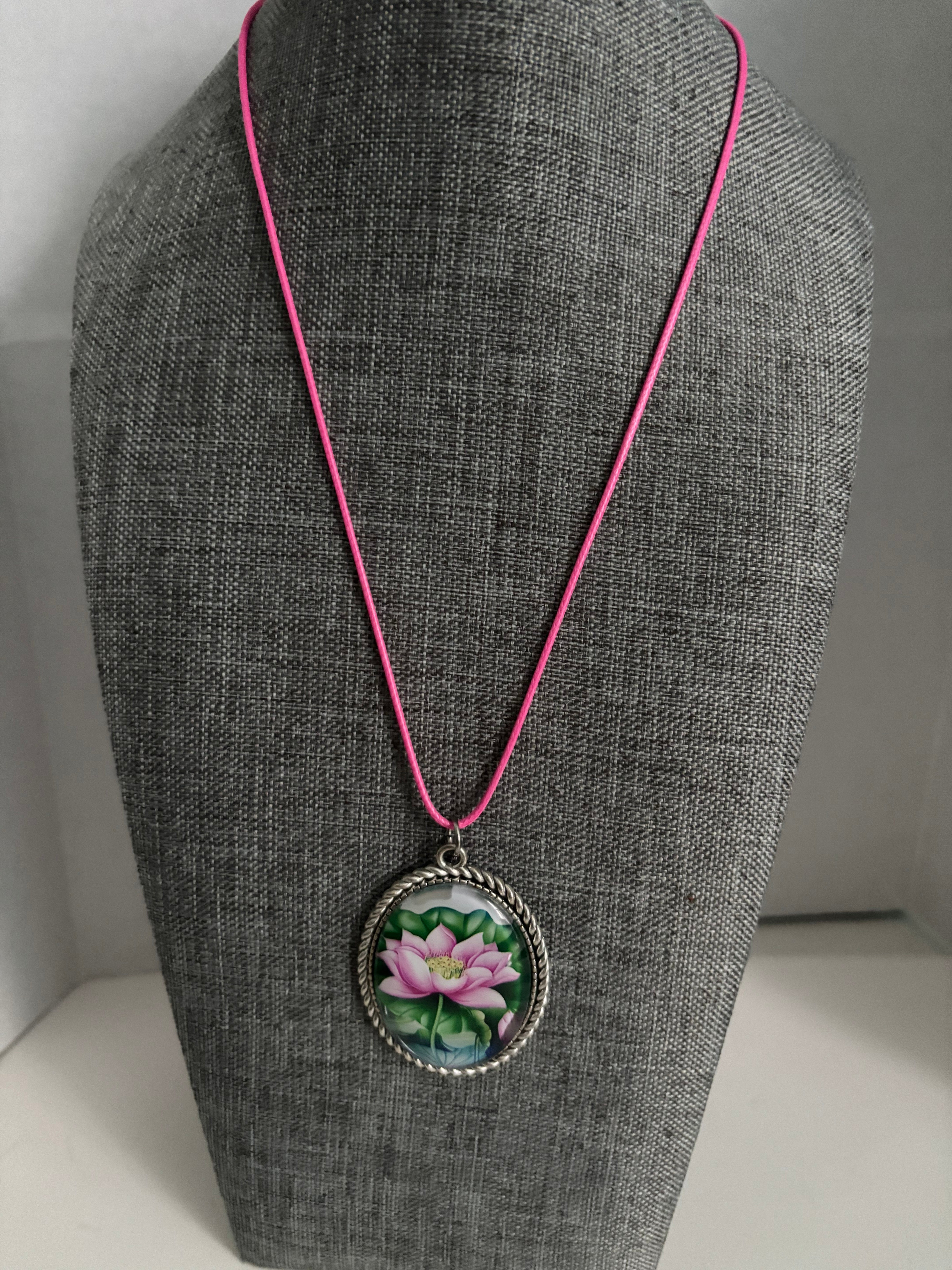 Lotus Flower Pendant Necklace, Pink Bloom Artwork on Silver Frame, Spiritual Boho Style