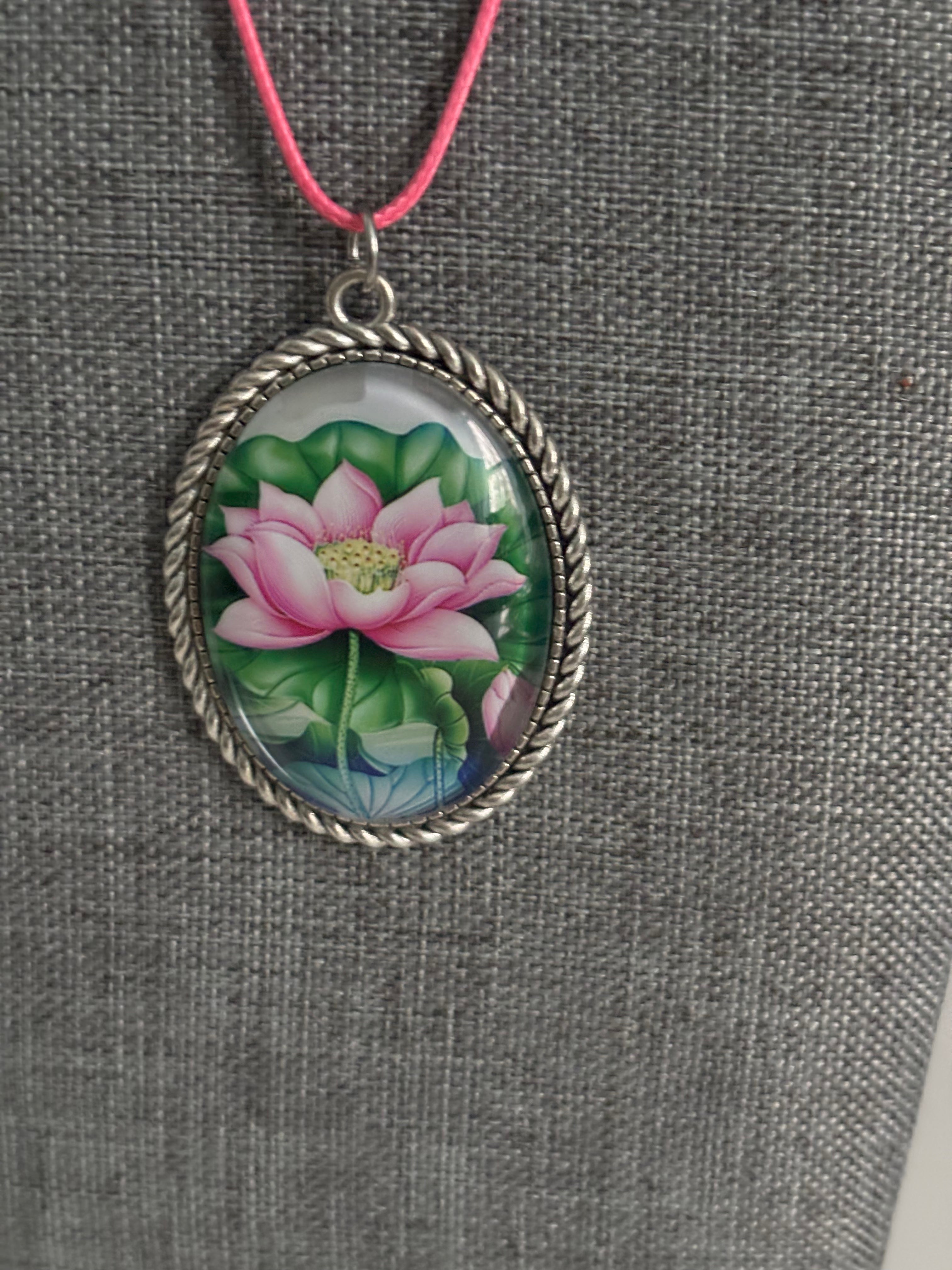 Lotus Flower Pendant Necklace, Pink Bloom Artwork on Silver Frame, Spiritual Boho Style