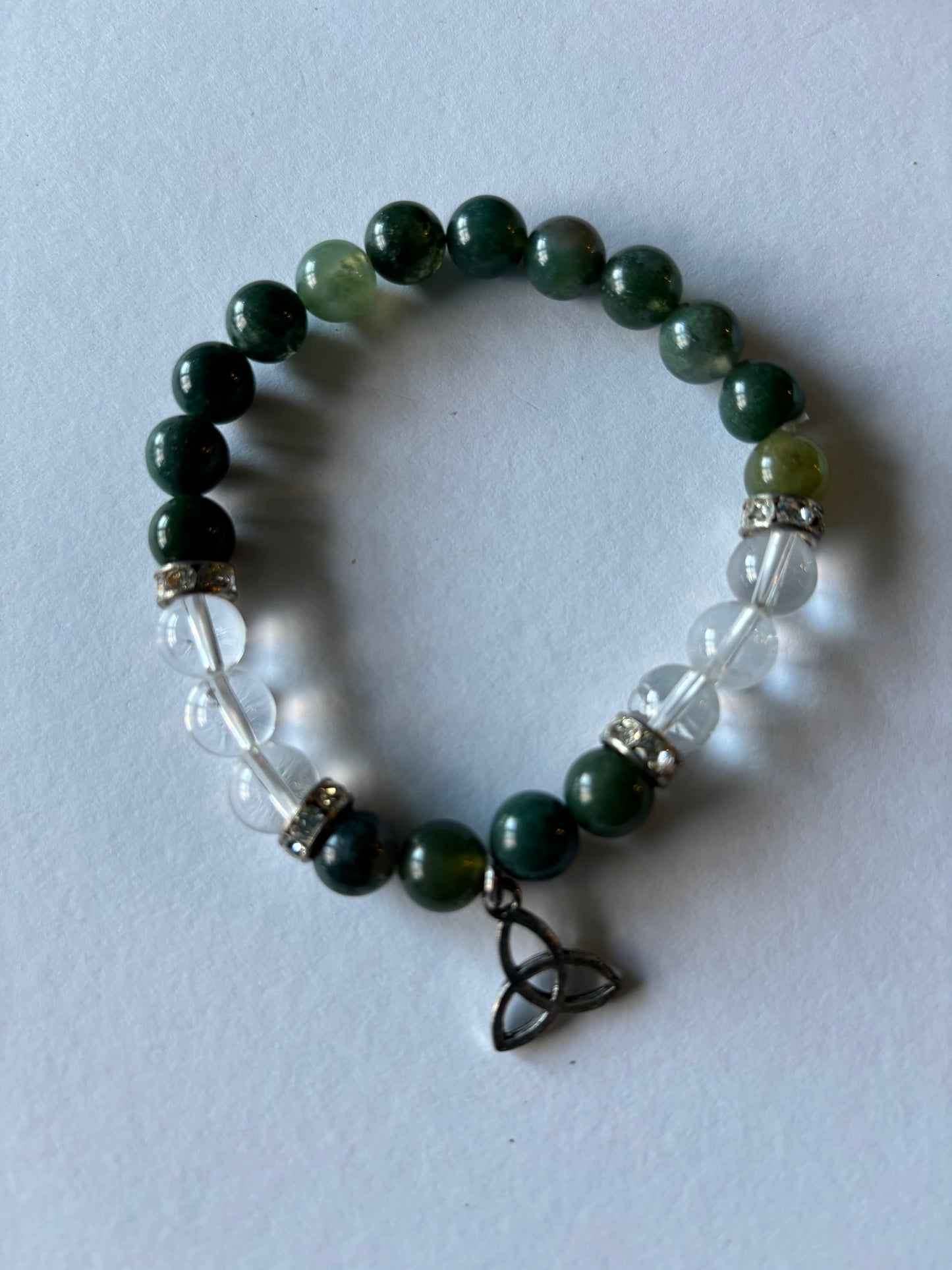 8MM Moss Agate & Clear Quartz Stretch Bracelet with Triquetra