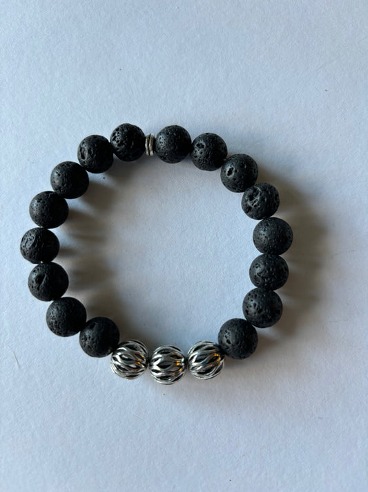 8 MM Black Lava Bead Stretch Bracelet with Silver Beads