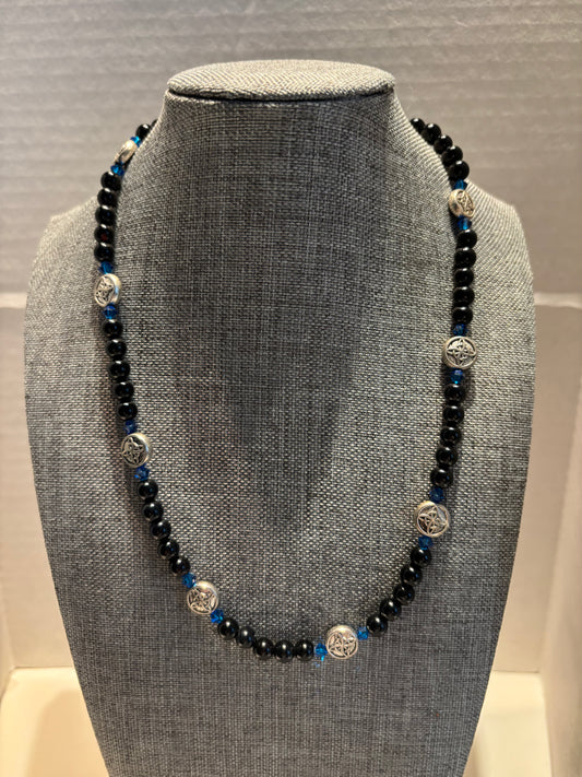 Black Onyx Mystic Protection Necklace with Silver Pentacle Charms