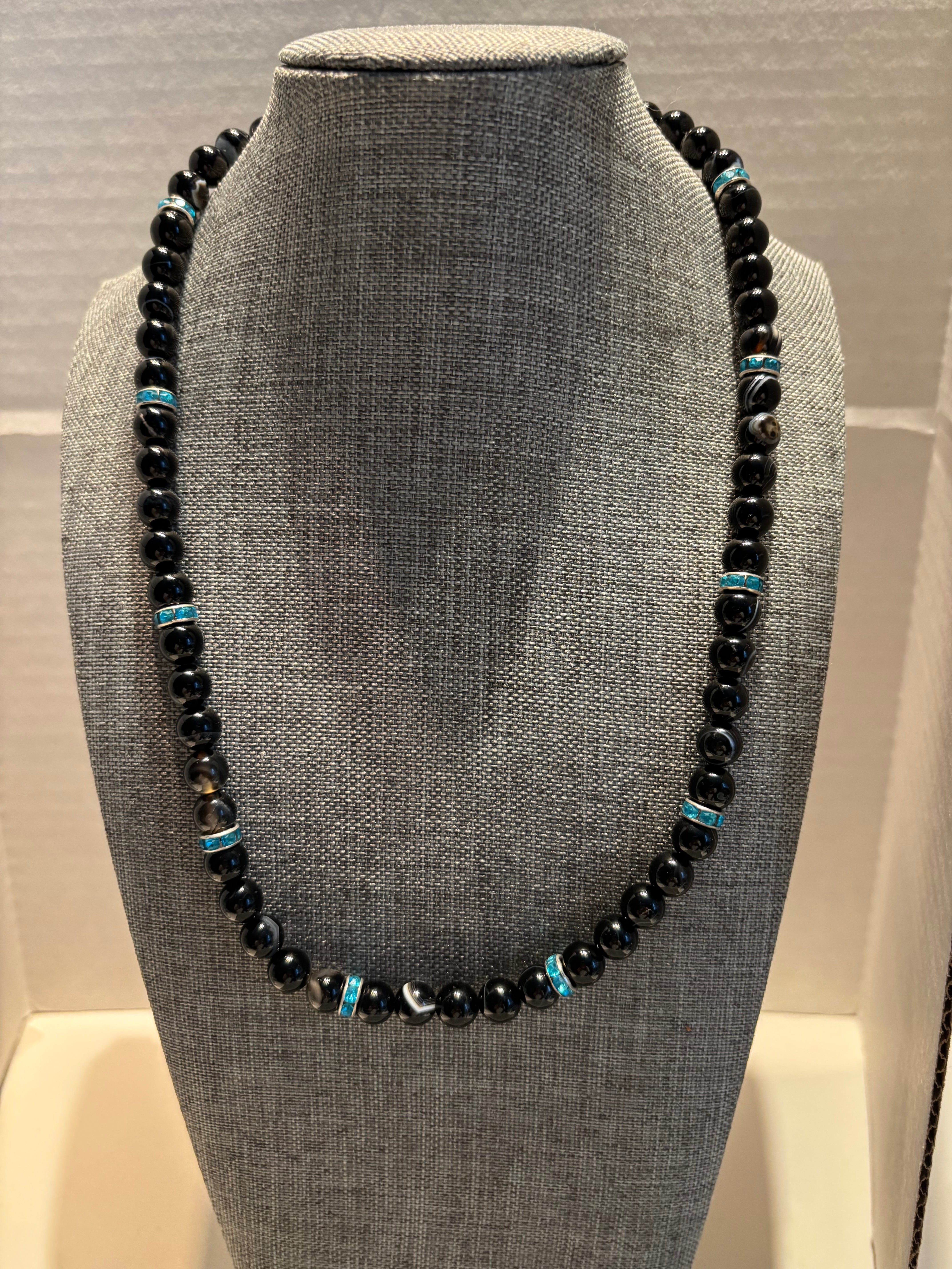 Black Onyx Shield Necklace with Turquoise Accent Rings