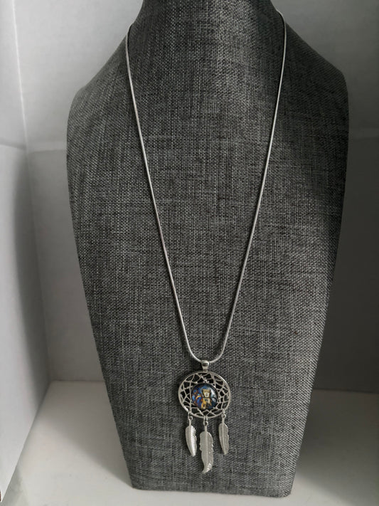 Mystic Warrior Dreamcatcher Necklace with Silver Feathers and Enchanted Art Center