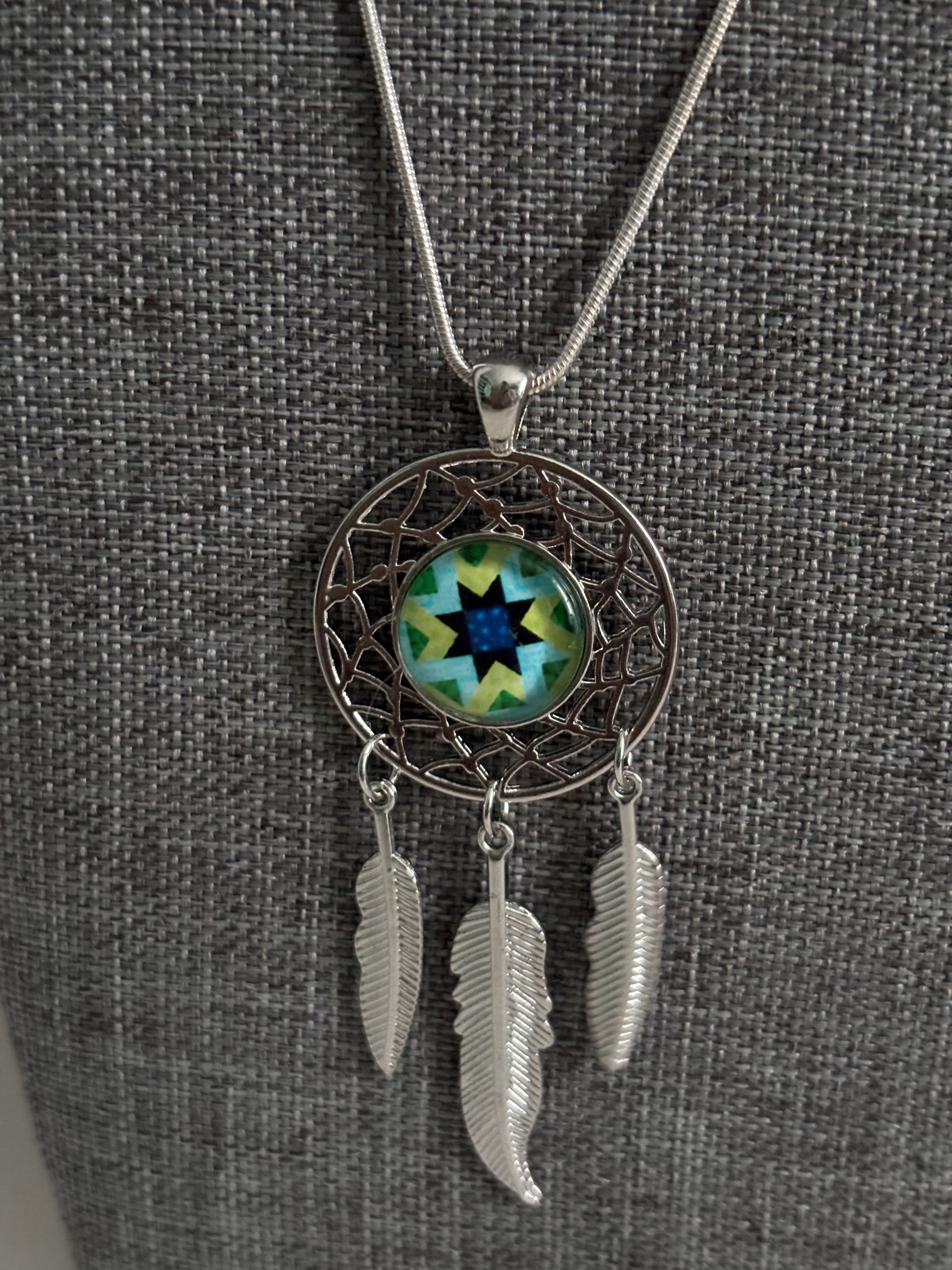 Silver Dreamcatcher Necklace with Geometric Galaxy Center and Feather Charms