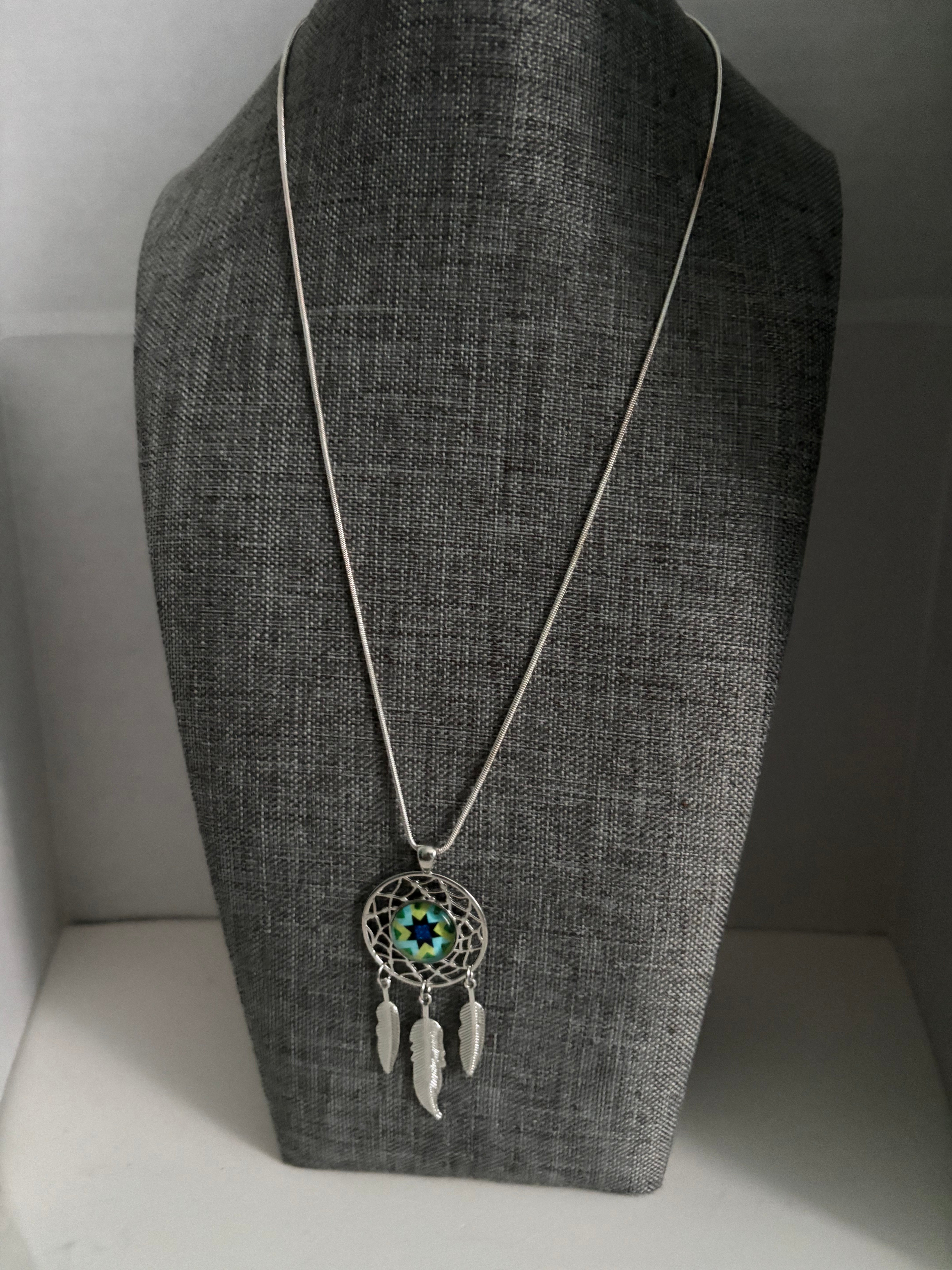 Silver Dreamcatcher Necklace with Geometric Galaxy Center and Feather Charms