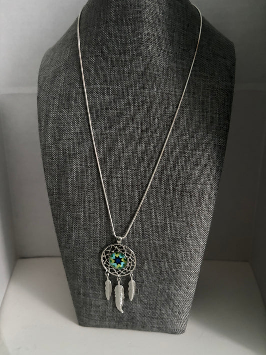 Silver Dreamcatcher Necklace with Geometric Galaxy Center and Feather Charms