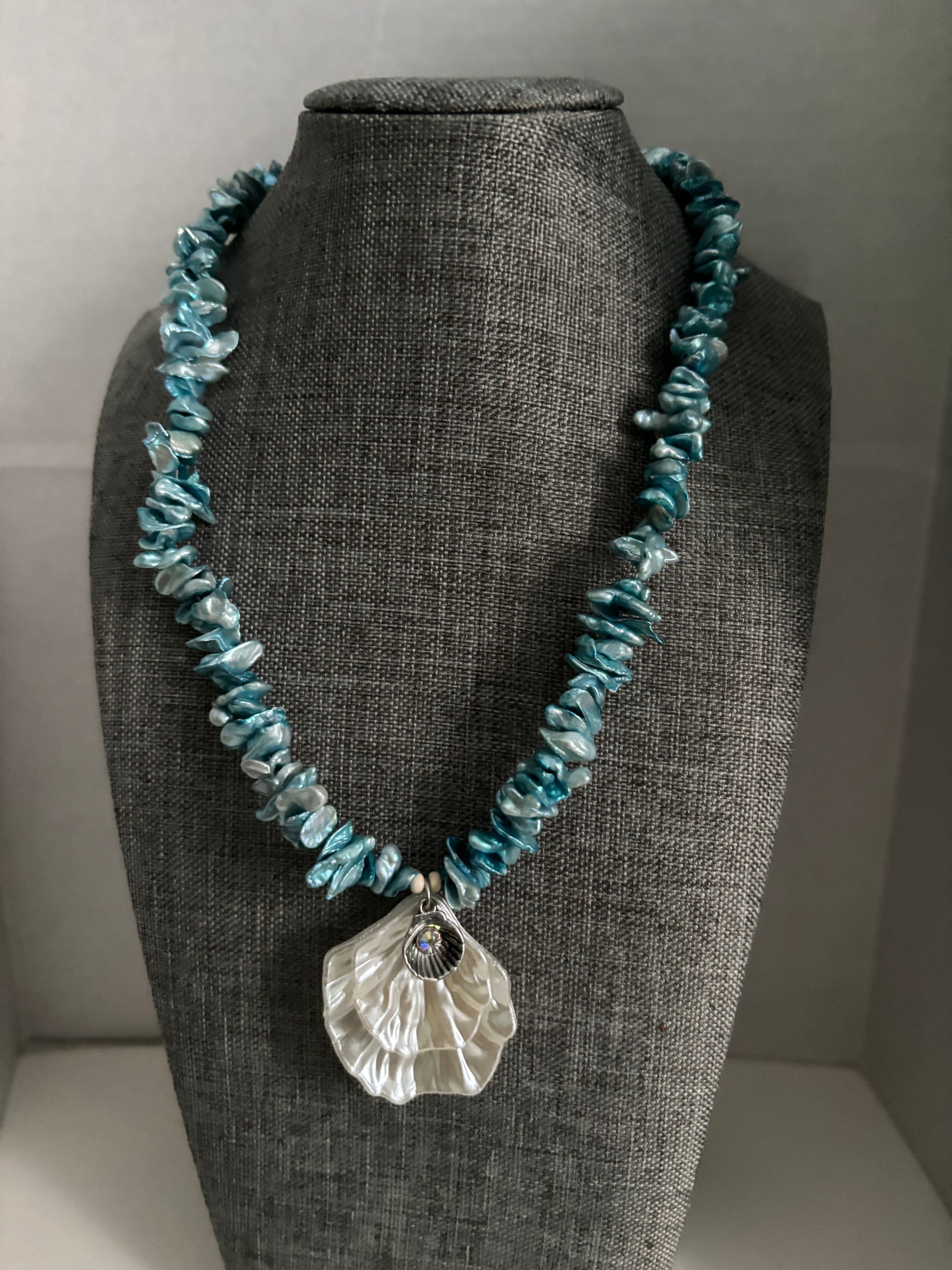 Ocean Goddess Shell Necklace with Blue Mother-of-Pearl Chips and Iridescent Pendant