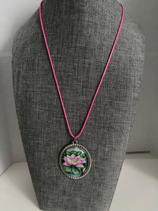 Lotus Flower Pendant Necklace, Pink Bloom Artwork on Silver Frame, Spiritual Boho Style