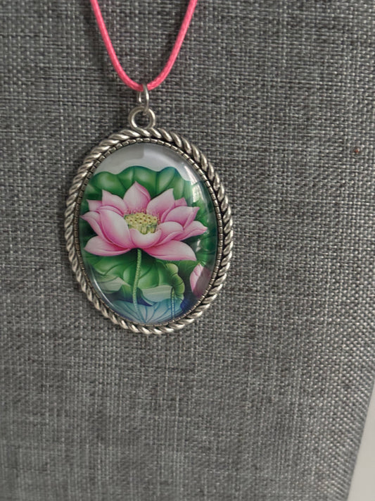 Lotus Flower Pendant Necklace, Pink Bloom Artwork on Silver Frame, Spiritual Boho Style