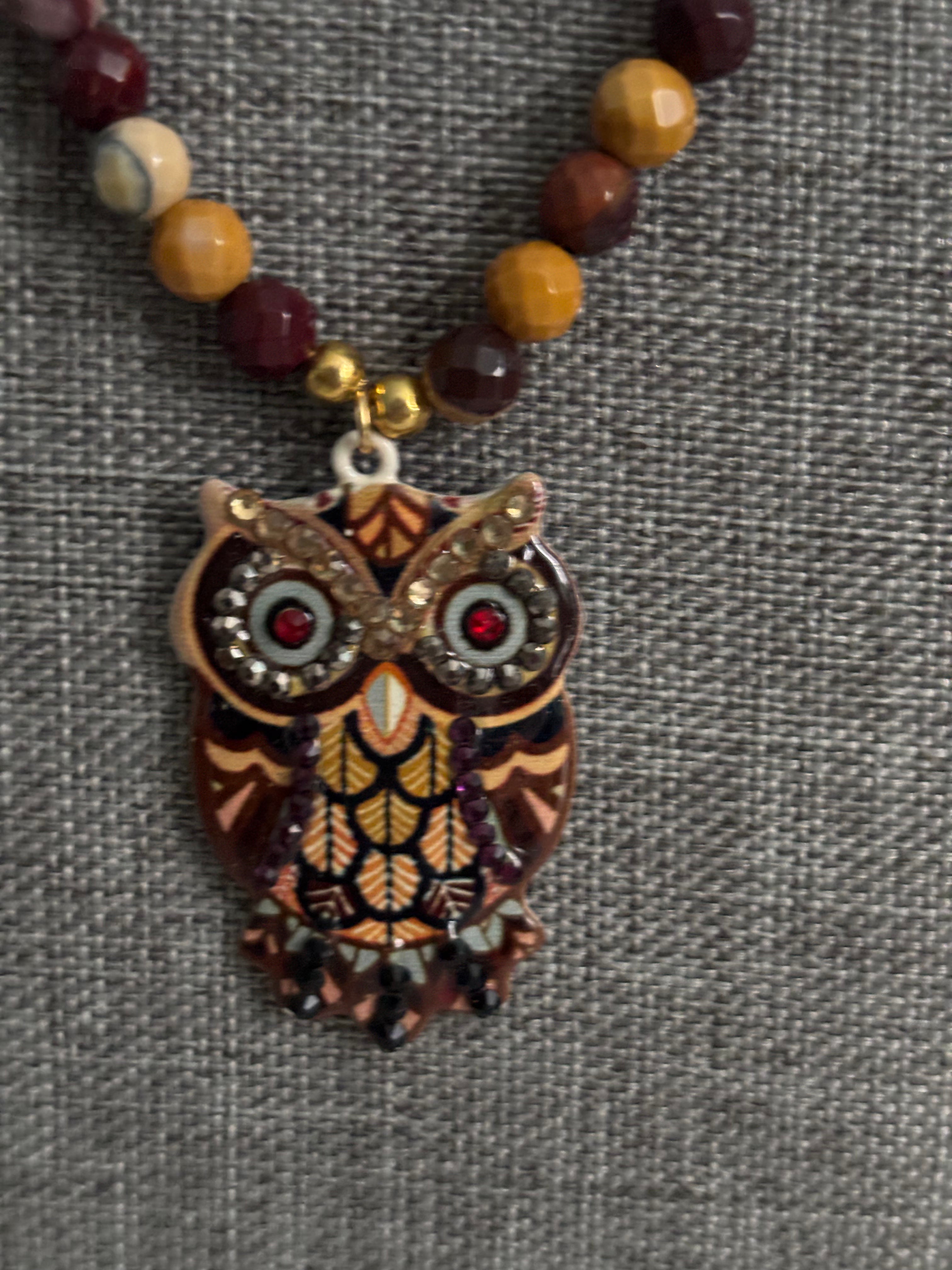 Mookaite Stone Owl Necklace, Boho Earth-Tone Beaded Statement Piece