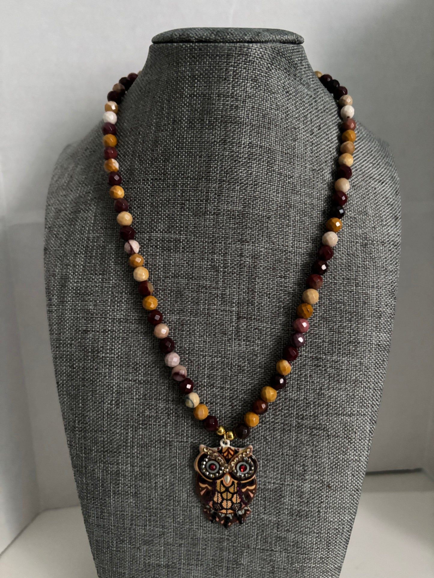 Mookaite Stone Owl Necklace, Boho Earth-Tone Beaded Statement Piece