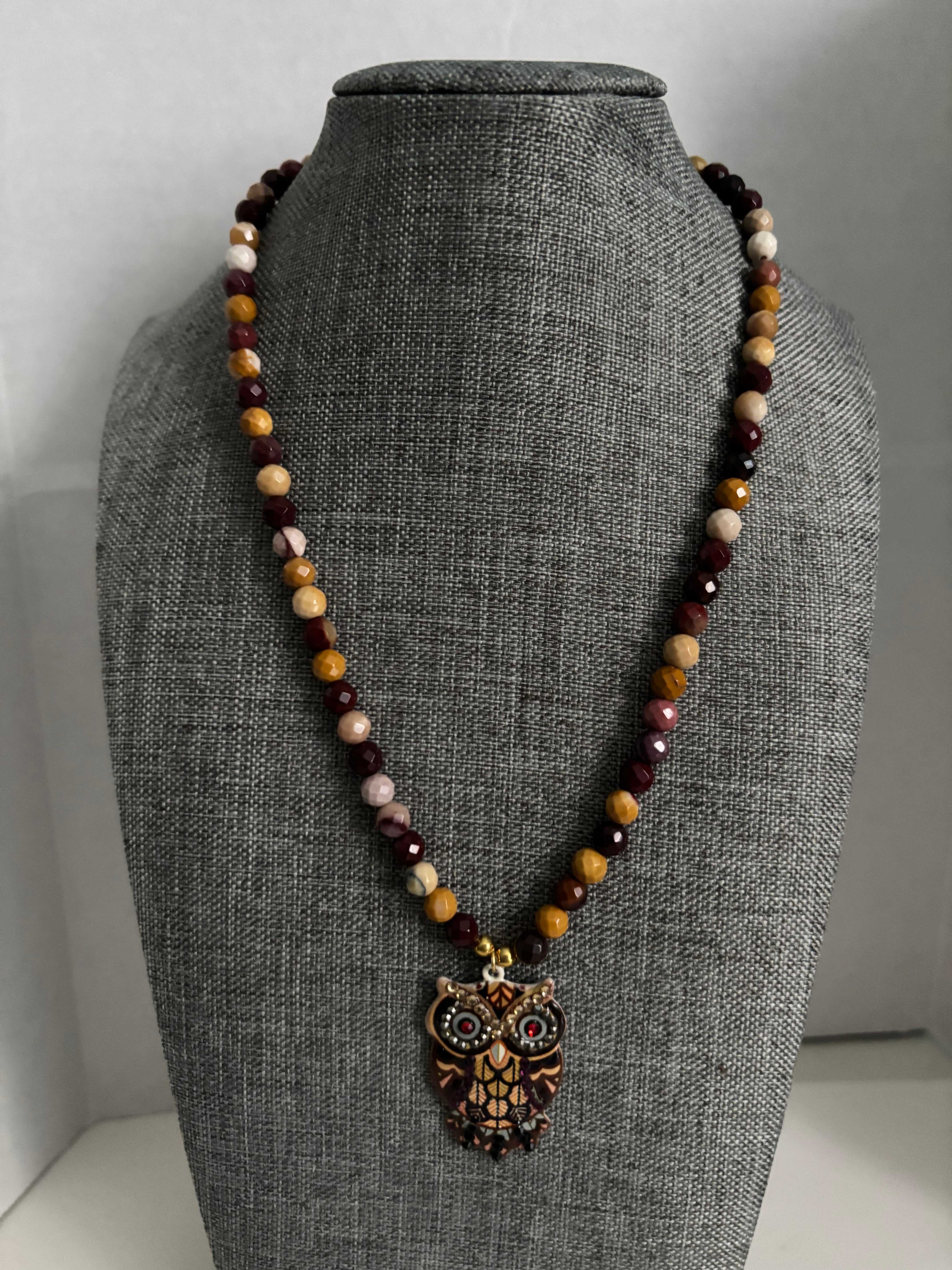 Mookaite Stone Owl Necklace, Boho Earth-Tone Beaded Statement Piece