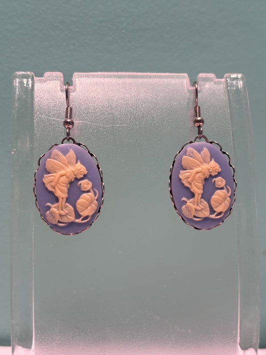 Fairy on a Leaf Cameo Earrings